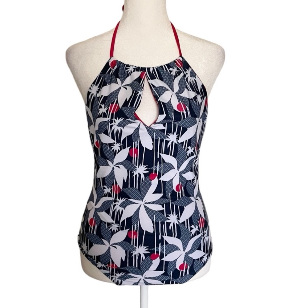 Faherty Reversible Halter One Piece Swimsuit in Red and Blue and White Palm